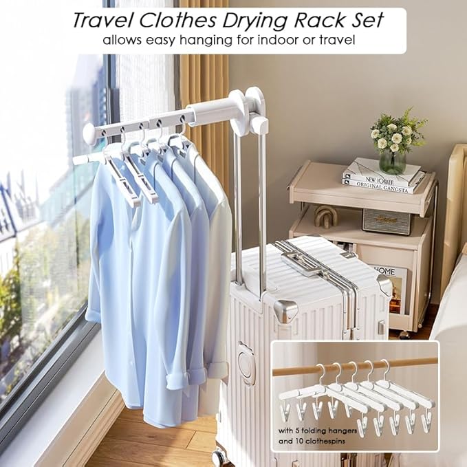 Travel Drying Rack for Clothes - Portable Hanging Rack with 5 Travel Folding Hangers with 10 Clips - Over The Door Drying Rack - Mini Size for Cruise, RV, Dorm, Apartment, Hotel Laundry