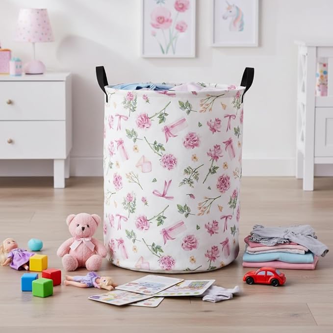 Baby Laundry Basket Baby Nursery Hamper Kids Laundry Basket Toy Storage Bin for Boys Room Decor Gift Baskets for Bedroom Bathroom(Gift Flower)