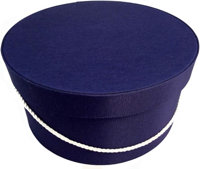 Sarah's Hat Boxes Classic Navy Hat Box – 14.75" x 7.5" (Dia. x Ht.) Handmade in USA – Odorless Non-Toxic Adhesive, Cording Handle – Premium Storage for Hats & Accessories