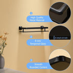 16-Inch Bathroom Glass Shelf - Matte Black Wall-Mounted Organizer - Thickened 8mm Black Tempered Glass with Safety Railing