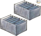 Wardrobe Clothes Organizer, 7 Grids Washable Portable Closet Organizer Mesh Separation Storage Box Foldable Closet Drawer Organizer for Underwear, Socks, Scarves, Jeans (Grey, 2 Jeans Grid)