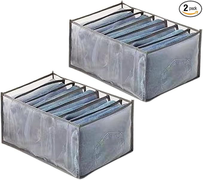Wardrobe Clothes Organizer, 7 Grids Washable Portable Closet Organizer Mesh Separation Storage Box Foldable Closet Drawer Organizer for Underwear, Socks, Scarves, Jeans (Grey, 2 Jeans Grid)