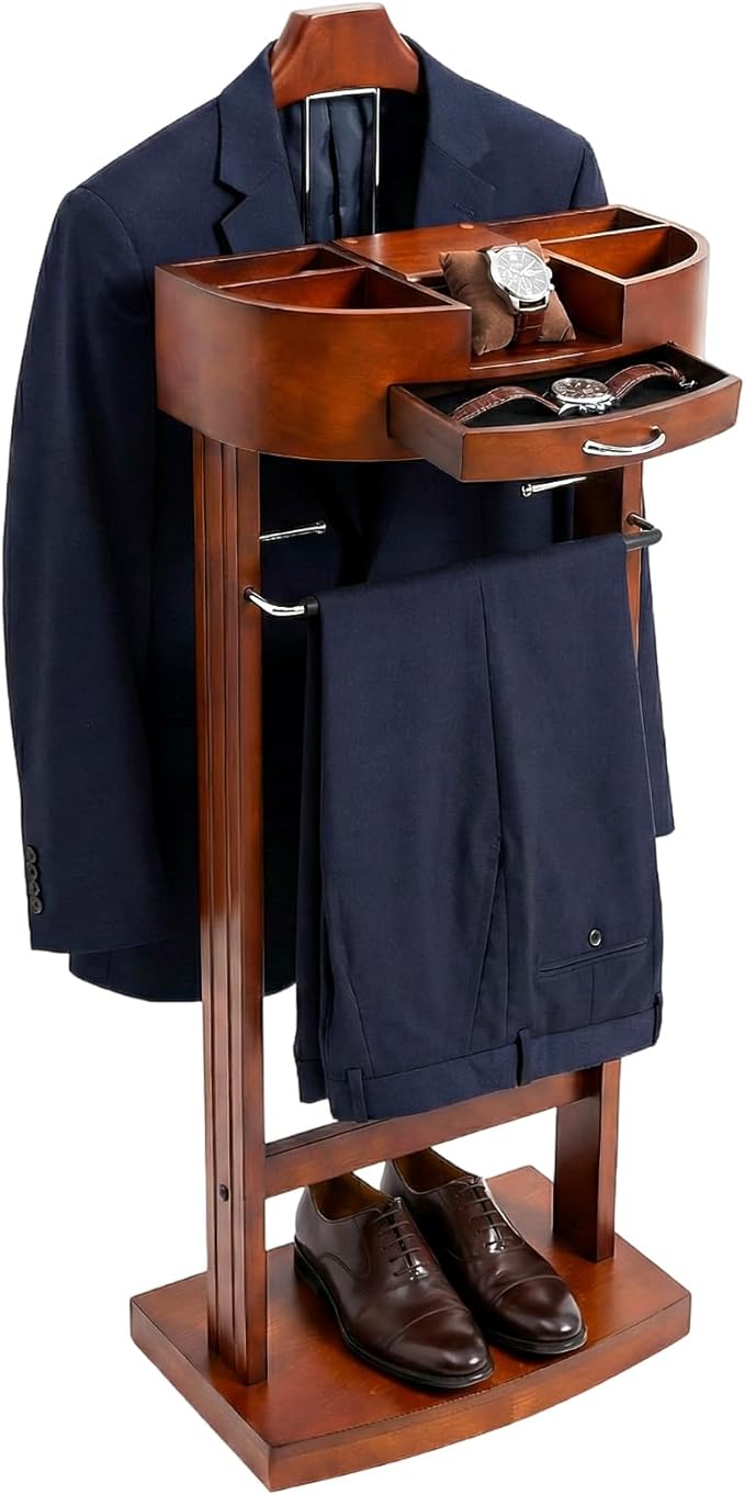 Wood Suit Rack for Men and Women, Freestanding Clothing Valet Stand with Drawer, Shoe Shelf and Hanging Suit, Valet Stands Coat Rack Suit Valet for Entryway Office Living Room (Brown)