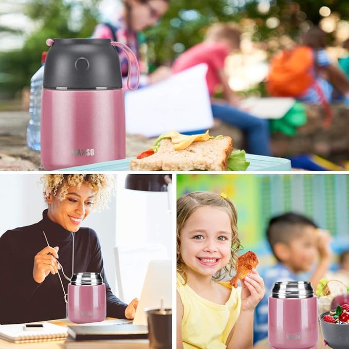 MAXSO 2 Pack Soup Thermo for Hot & Cold Food for Kids Adults, Vacuum Insulated Food Jar Thermal Lunch Containers, Travel Food Flask with Spoon (24 oz,17 oz) (Pink)