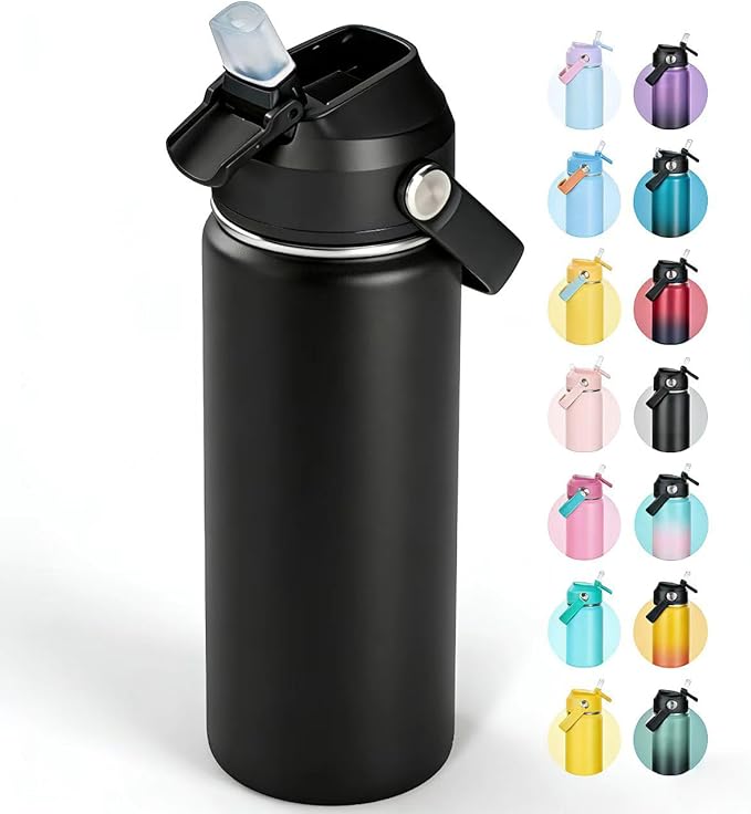 18oz Insulated Stainless Steel Water Bottle, Wide Mouth Double Wall Vacuum, Silicone Straw, Sweat & Leak Proof, BPA Free Insulated Water Flask for Travel, Keep Cold 24h Hot 12h, Black
