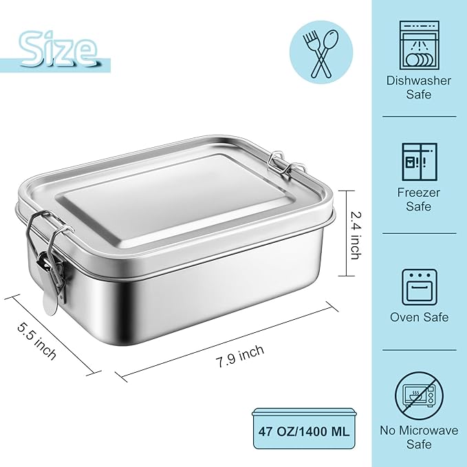 TeamFar Stainless Steel Bento Box, 47oz/1400ML Large Metal Bento Lunch Box Container for Adults/Kids, for Home/School/Office/Travel, With 2 Removable Dividers, Leak-Proof & Dishwasher Safe