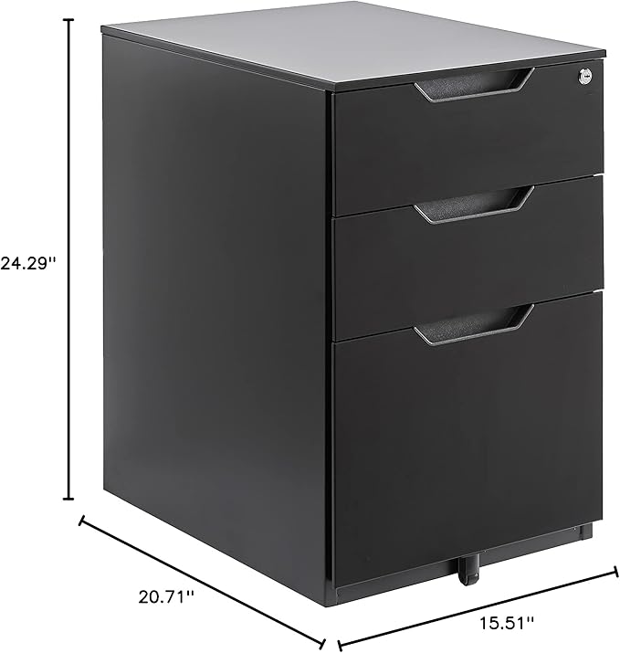 Amazon Basics 3-Drawer Mobile File Cabinet with Lock, Rolling Filing Cabinet for Hanging Files, Black, 20.71" D x 15.51" W x 24.29" H | With Lock, 3 Drawer