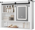 QUW 31" Farmhouse Bathroom Wall Cabinet, Bathroom Medicine Cabinets with Mirror, Over Toilet Wall Storage Cabinet, 3 Lighting Modes, Adjustable Brightness, Jewelry Holder, Sliding Door, White