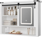 QUW 31" Farmhouse Bathroom Wall Cabinet, Bathroom Medicine Cabinets with Mirror, Over Toilet Wall Storage Cabinet, 3 Lighting Modes, Adjustable Brightness, Jewelry Holder, Sliding Door, White
