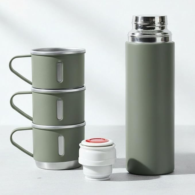 Green Vacuum Flask Gift Set, Stainless Steel Insulated Water Bottle w/ 3 Cups, Hot & Cold Drinks Coffee Thermo Water Bottle, Reusable Thermal Cup for Outdoor Camping Travel, Termos para Agua Fria,17oz