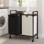 WOWLIVE Double Laundry Hamper with Lid,Rolling Laundry Basket Organizer with Wheels, Iron-Made Laundry Sorter with Top Shelf and 2 Removable Bags,Large Clothes Storage for Room,Black and Beige