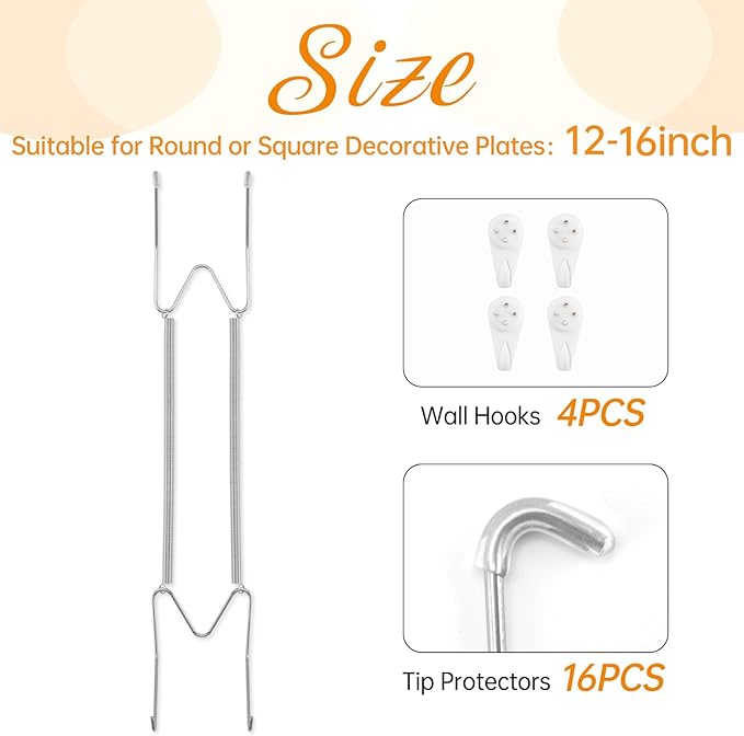 Bilillo 4 Pack Plate Hangers for The Wall, Suitable for 12-16 inch Art Plate, Stainless Steel Invisible Heavy Duty Wire Plate Holder with Wall Hooks, Plate Hangers for Displaying Plates, Silver