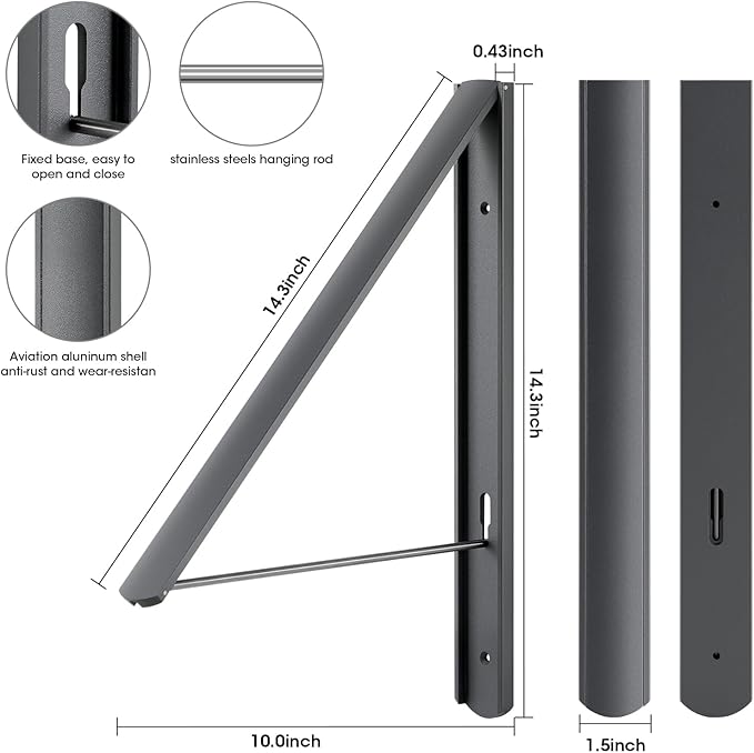Foldable Clothes Drying Rack, Wall Mounted Retractable Drying Rack Clothes Hanger, 0.43'' Thickness Space Saving Laundry Racks and Closet Organizer, Aluminum (Dark Gray)