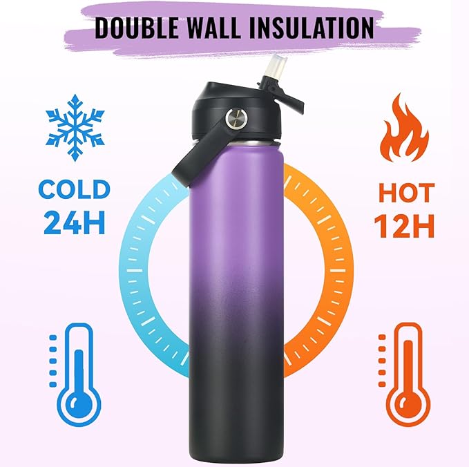 24oz Insulated Stainless Steel Water Bottle, Wide Mouth Double Wall Vacuum, Silicone Straw, Sweat & Leak Proof, BPA Free Insulated Water Flask for Travel, Purple & Black