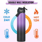 24oz Insulated Stainless Steel Water Bottle, Wide Mouth Double Wall Vacuum, Silicone Straw, Sweat & Leak Proof, BPA Free Insulated Water Flask for Travel, Purple & Black