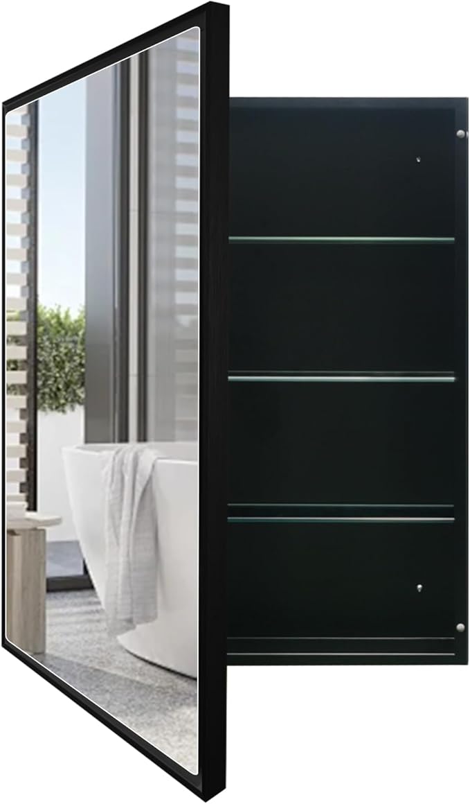 24x30 Inch Medicine Cabinet with Mirror - Recessed/Surface Mount Farmhouse Bathroom Storage Cabinet, Single Door Rust-Resistant Vanity Mirror Cabinet, Brush Black