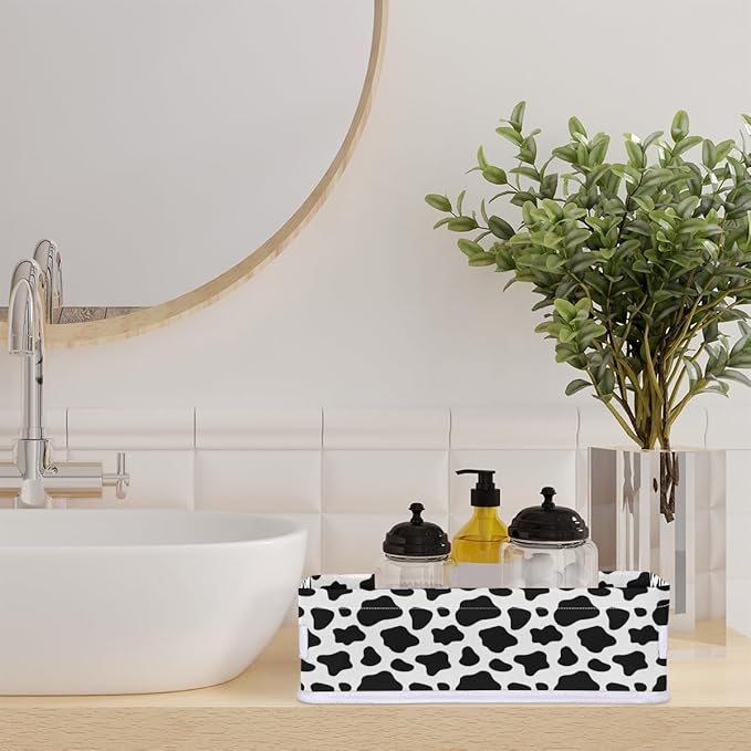 Cow Print Bathroom Basket Foldable Toilet Tank Topper Paper Basket Waterproof Fabric Storage Organizer Bins Decorative Open Storage for Home Closet Containers Cabinet Set of 2