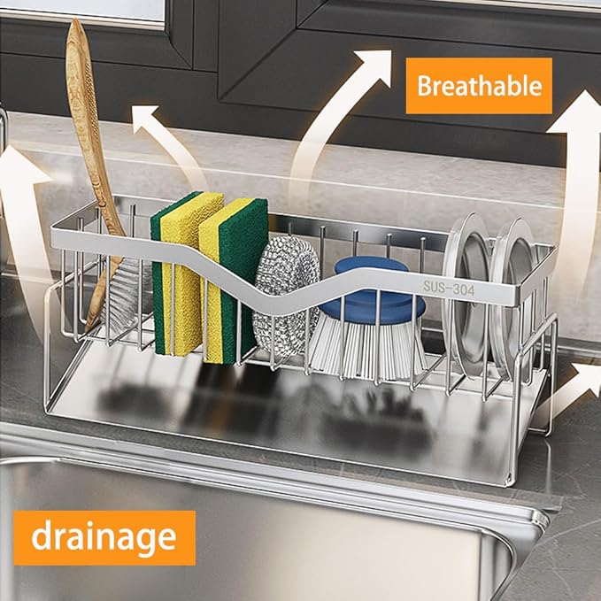 Sponge Holder for Kitchen Sink, Quick Draining, SUS 304 Stainless Steel Sponge Organizer, Basket for Cleaning and Scrub Tool, Kitchen Sink Brush Caddy Holder,Large Size and Capacity
