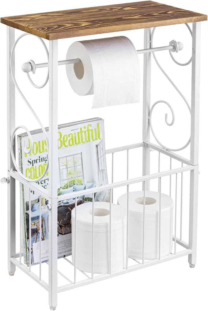 MyGift Toilet Paper Holder Stand with Shelf, Bathroom Table Stand Storage with Magazine Holder Basket, Scrollwork Design, White Metal