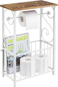 MyGift Toilet Paper Holder Stand with Shelf, Bathroom Table Stand Storage with Magazine Holder Basket, Scrollwork Design, White Metal