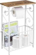 MyGift Toilet Paper Holder Stand with Shelf, Bathroom Table Stand Storage with Magazine Holder Basket, Scrollwork Design, White Metal