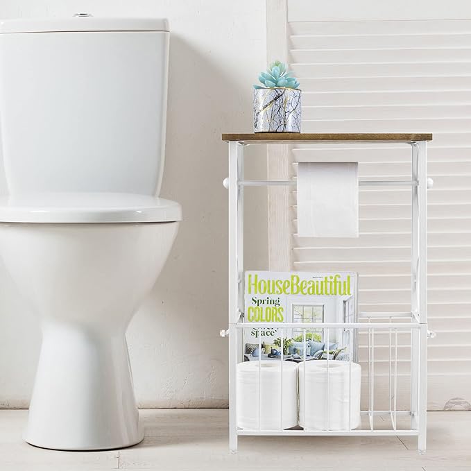 MyGift Toilet Paper Holder Stand with Shelf, Bathroom Table Stand Storage with Magazine Holder Basket, Scrollwork Design, White Metal