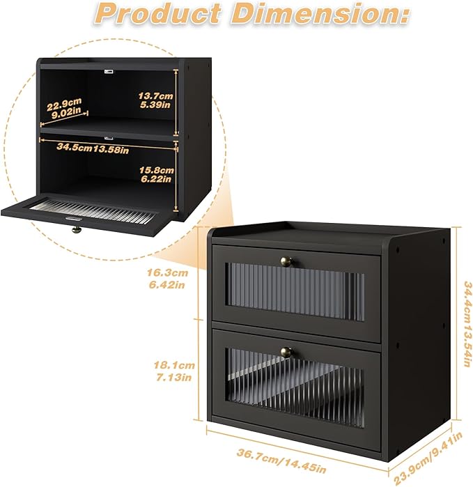 Double Layer Large Bread Box for Kitchen Counter, Wooden Corner Bread Storage Container with Acrylic Window, Black