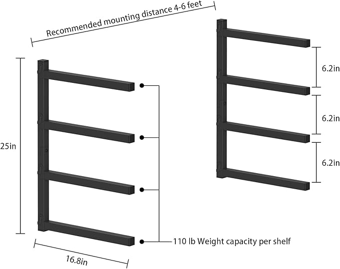 PINPON 4-Pack Heavy Duty Wall Mount Lumber Storage Rack, 4-Level Snap-Fit Wood Organizer with 16.8” Arms & 6.2” Shelf Spacing, 110 lbs Per Tier, for Garage & Workshop Indoor Outdoor Use, Black