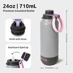 GREYLOCK 24 oz Insulated Water Bottle with Straw Lid, Leakproof Reusable Stainless Steel Vacuum Flask, 24hr Cold & Hot, Carry Handle & Silicone Spout, BPA-Free for Gym, Hiking, Travel,Grey