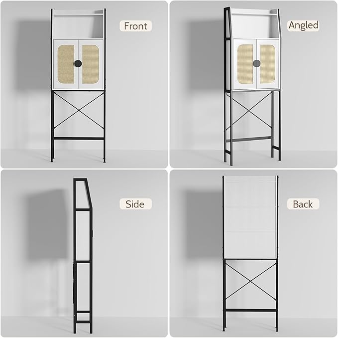 Over The Toilet Storage Cabinet with Rattan Doors, Bathroom Organizer with Adjustable Shelf, Metal Frame & Anti-Tip Device, Space-Saving Wood Cabinet for Bathrooms, Laundry Room, White