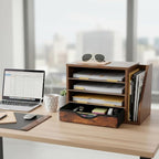 Wooden file Organizer with Drawer, Office Wood Desk Organizer with drawers, with 4 Adjustable Shelves, Mail Sorter with Drawer, Office Desk Paper Holder, Brown,assembly required