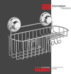 HASKO Suction Cup Shower Caddy Basket for Shampoo, Shower Suction Shelf Organizer, Basket with Soap Holder and Hooks, Stainless Steel Shampoo Holder for Bathroom Storage, Chrome