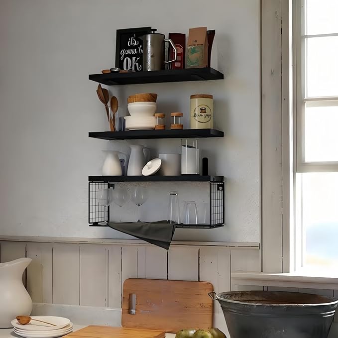 Bathroom Shelves Over Toilet, Set of 3 Wall Mounted Floating Shelves with Storage Basket Rustic Wood Shelf for Home Organization, Wall Decor for Bathroom, Kitchen, Living Room. (Black)