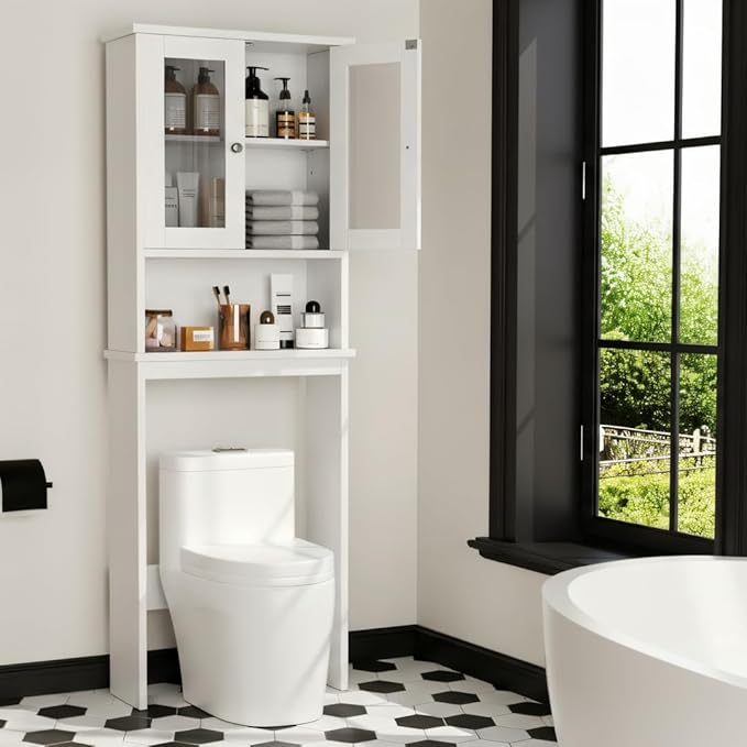 Nuturelly Over The Toilet Storage Cabinet, Bathroom Storage Organizer with Adjustable Shelves and Double Glass Doors, Freestanding Above Toilet Storage with Open Shelf, Wooden Toilet Rack(White)