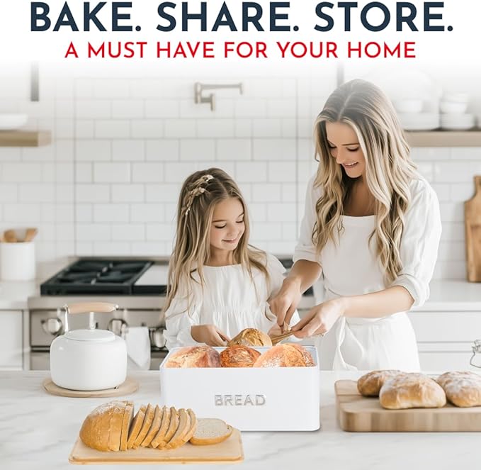 Culinary Couture White Bread Box for Kitchen Countertop with Bamboo Lid - Large BreadBox for Homemade Bread - Storage BreadBox with Cutting Board Lid