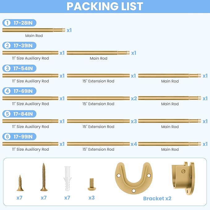 Closet Rods for Hanging Clothes, 17 to 54 Inch Heavy Duty Stepless Adjustable Closet Hanging Rod, 1.3 Inch Diameter Metal Closet Rod for Wardrobes Laundry Bedroom RV, Gold