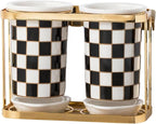 Ceramic Checkered Utensil Crocks with Gold Metal Rack, Black & White Grid Kitchen Utensil Storage, Farmhouse Kitchen Decor, Flatware Organizer & Home Accessory (Black)