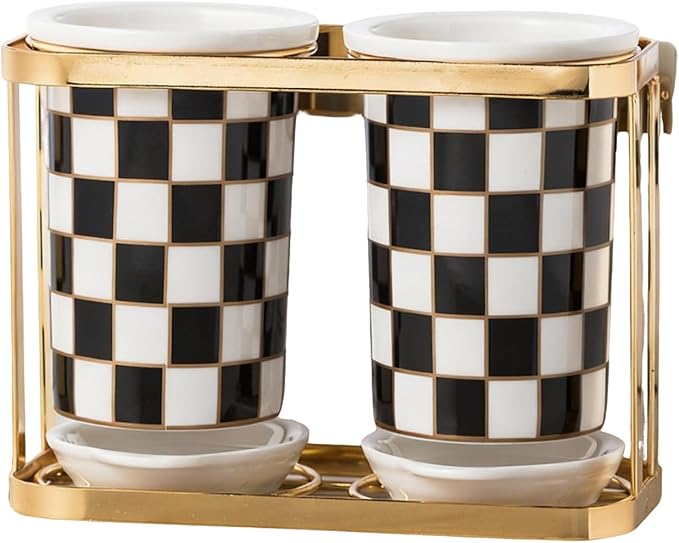 Ceramic Checkered Utensil Crocks with Gold Metal Rack, Black & White Grid Kitchen Utensil Storage, Farmhouse Kitchen Decor, Flatware Organizer & Home Accessory (Black)