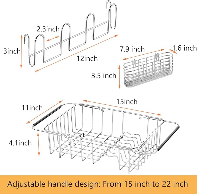 Stainless Steel Dish Drying Rack(15" L X 11" W X 4.1" H), Expandable Drain Rack Over Sink, Dish Drainer Rack in Sink, with Stainless Steel Utensil Holder & 4 Hooks Cup Hanger