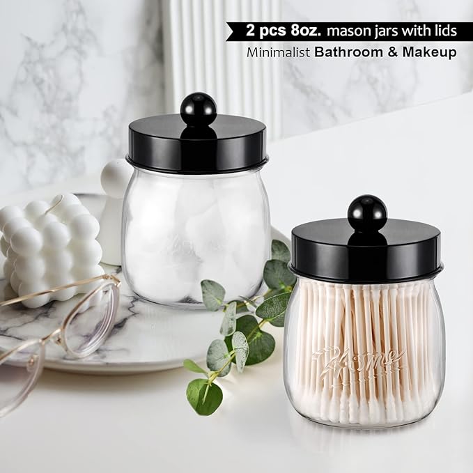 6 Pack Qtip Holder Bathroom Set, SheeChung Plastic Mason Jar Apothecary Jar Set for Bathroom Vanity Storage Organizer, Farmhouse/Home Decor, 12 Labels (Black)