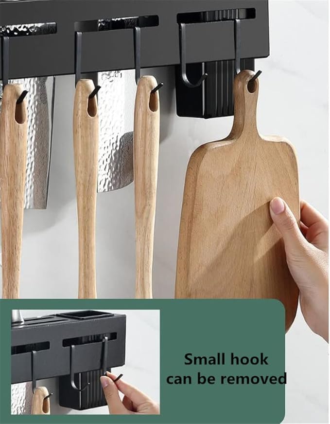 Wall Mount Utensil Holder, 15.7'' Stainless Steel Kitchen Utensil Rack, Multi-use Hanging Storage Organizer Rack with Knife Holder, Towel Bar, Flatware Slot and 6 Removable Hook