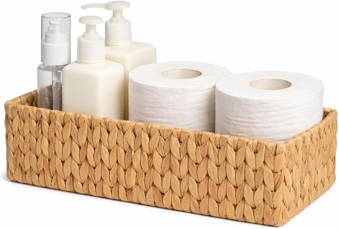 Water Hyacinth Toilet Paper Storage Basket for Bathroom, Handwoven Natural Rattan Organizer for Countertop, Shelves & Vanity, Small Wicker Basket, 14.9"L x 6.3"W x 4.7"H