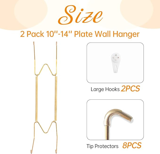 2 Pack Plate Hangers for The Wall, Suitable for 10-14 inch Art Plate, Stainless Steel Invisible Heavy Duty Wire Plate Holder with Wall Hooks, Plate Hangers for Displaying Plates, Platter, Dish, Gold
