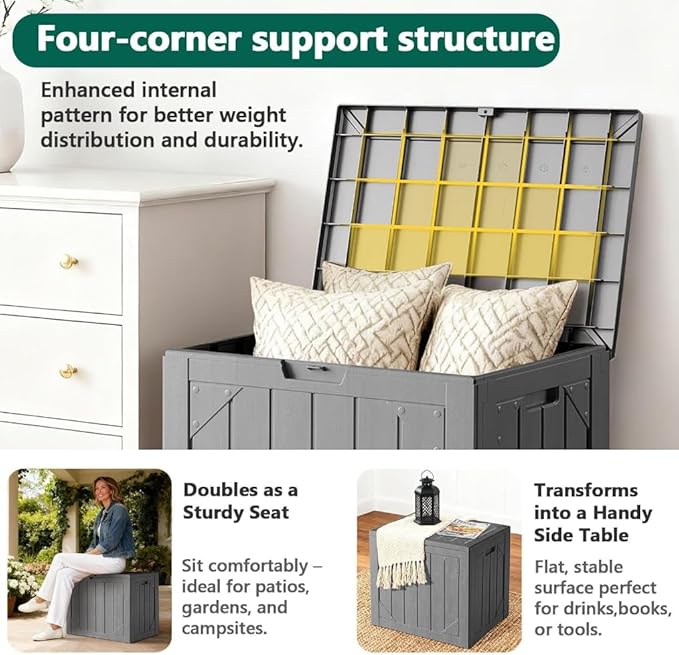 Outdoor Storage Box - 31 Gallon Waterproof Resin Deck Box, Lockable Patio Storage Bench for Package Delivery, Cushions & Garden Tools, UV Resistant (Grey, 31 Gal)