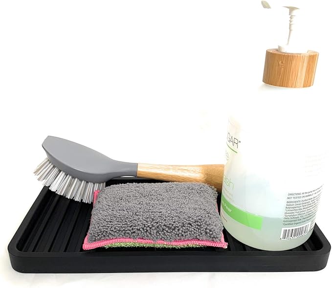 Happitasa Silicone Kitchen Sink Organizer Tray, Sponge Holder and Countertop Protector | Bathroom and Kitchen Soap Dish and Dispenser Tray (Black, 10"x5.25")