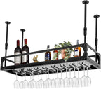Industrial Wine Rack Ceiling Mounted, 110 lbs Heavy Duty, Adjustable Height, Holds 27 Glasses, Vintage Iron Floating Shelf for Kitchen, Bar, Restaurant (Black)