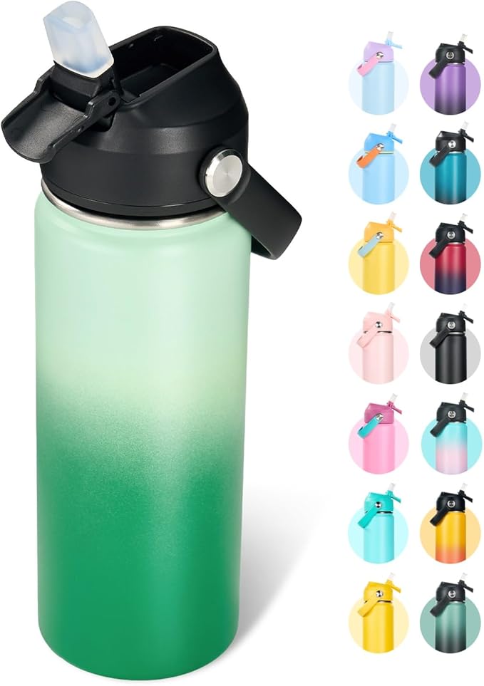18oz Insulated Stainless Steel Water Bottle, Wide Mouth Double Wall Vacuum, Silicone Straw, Sweat & Leak Proof, BPA Free Insulated Water Flask for Travel, Green Gradient