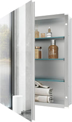 Bathroom Medicine Cabinet with Mirror, 16x20 Inch Small Mirror Cabinet, Assembly Needed, Aluminum Alloy Frame with Mirror, Surface or Recessed Medicine Cabinet with Removable Glass Shelves