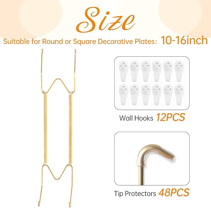 Bilillo 12 Pack Plate Hangers for The Wall, Suitable for 12-16 inch Art Plate, Stainless Steel Invisible Heavy Duty Wire Plate Holder with Wall Hooks, Plate Hangers for Displaying Plates