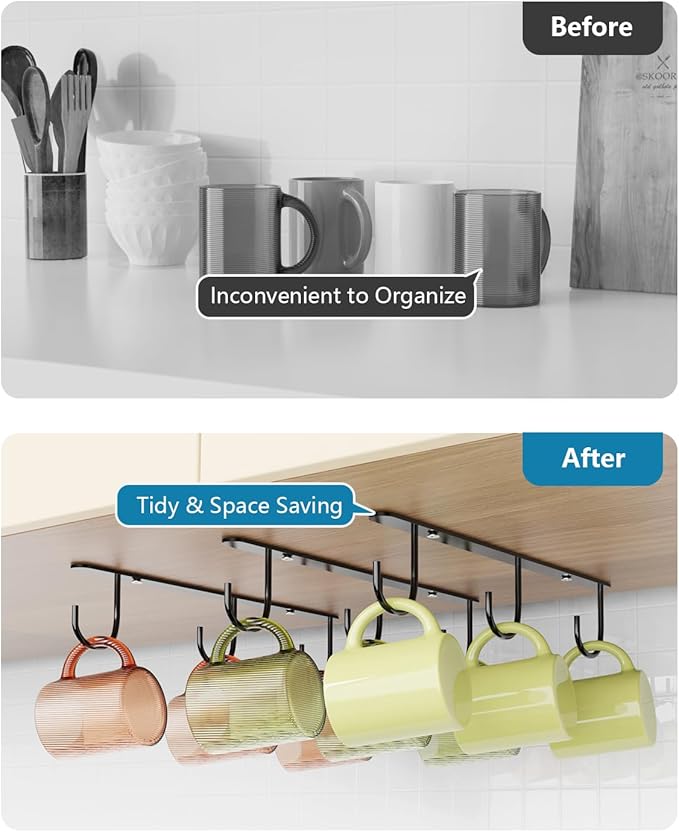 3 Pack Mug Hooks Under Cabinet, Coffee Mug Holder for Hanging Under Shelf, Cup Hanger with 9 Hooks for Displaying Mugs, Coffee Cups and Kitchen Utensils, Black